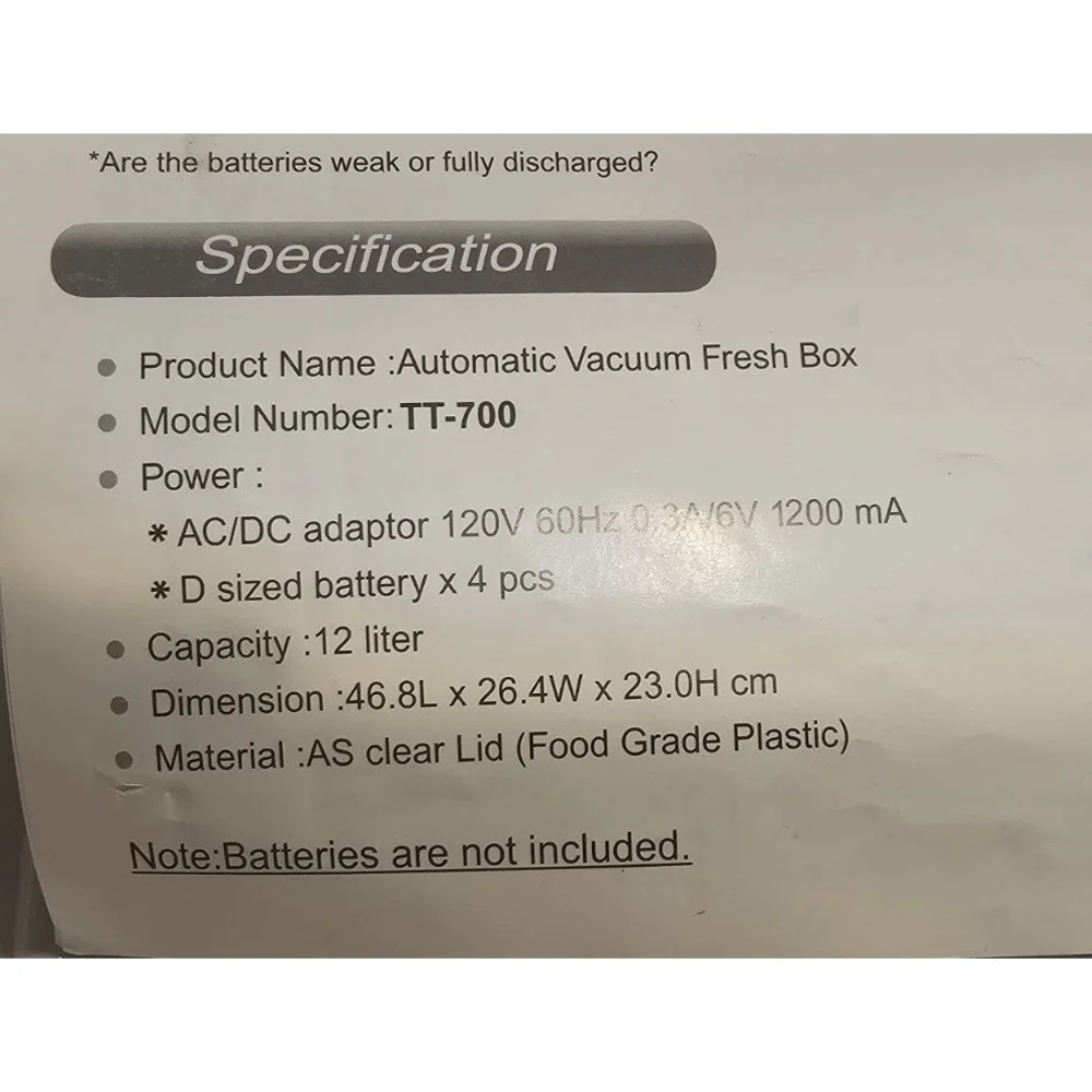 Automatic TT‑700 Automatic Vacuum Fresh Box Food Storage Saver System & Adapter